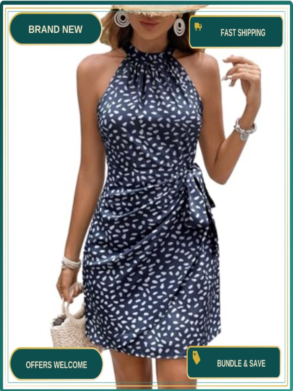 Halter Neck Sleeveless Wrap Sundress with Zipper Back - Summer Casual
